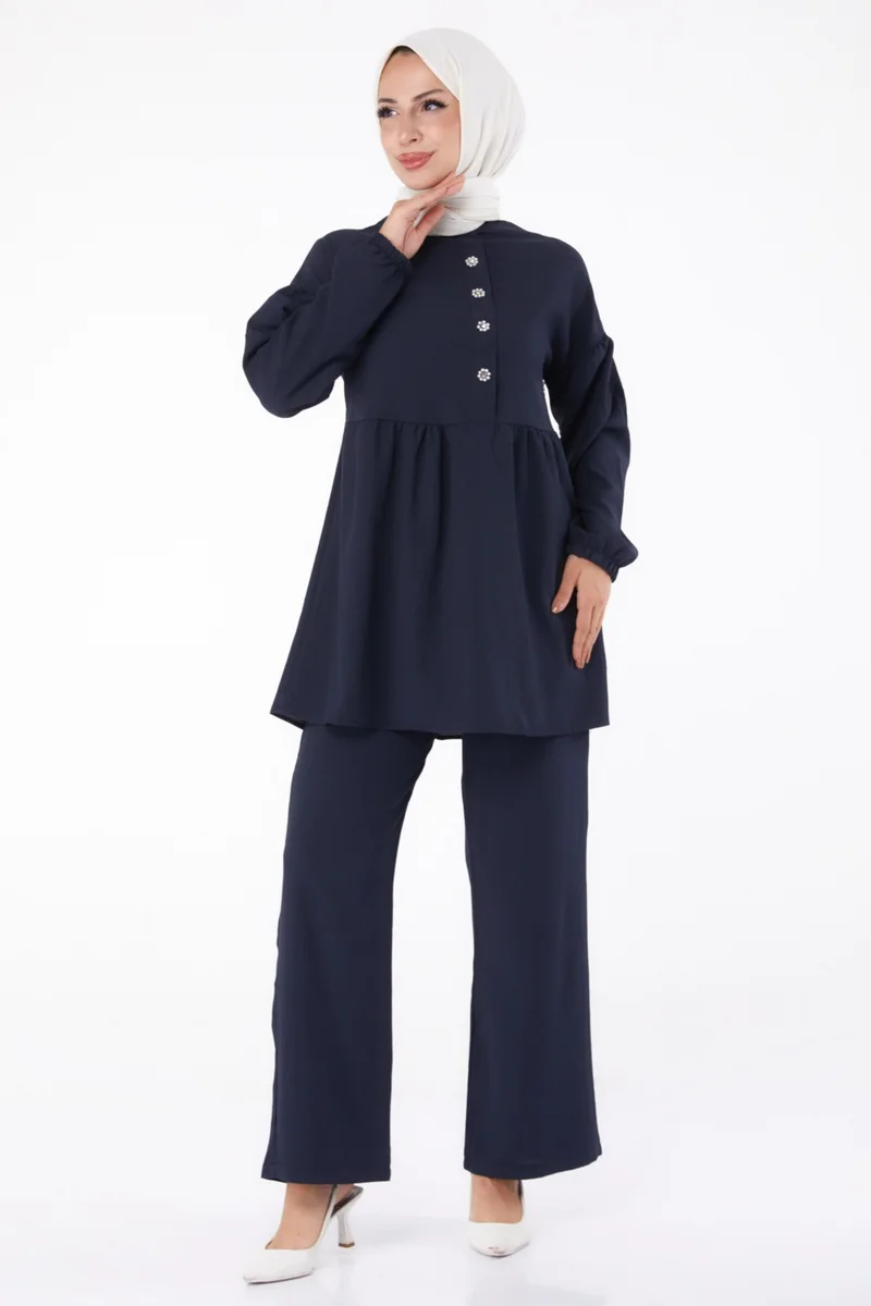 Tofisa Plain Crew Neck Women's Navy Blue Tunic + Trousers - 11629