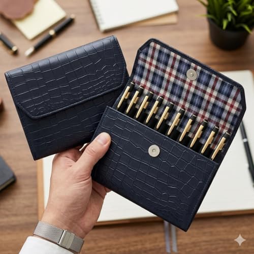 essart 10 Slots Pen Holder Pouch, Premium Croco Pattern Faux Leather Case for Fountain Pens & Rollerballs, Secure Elastic Loops & Magnetic Snap, Desk Storage Organizer - Image 2