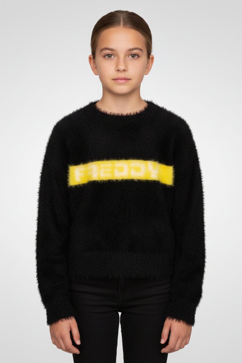 FREDDY Kids Girl Mock Neck Long Sleeve Graphic Print Sweater, Black - Image 1