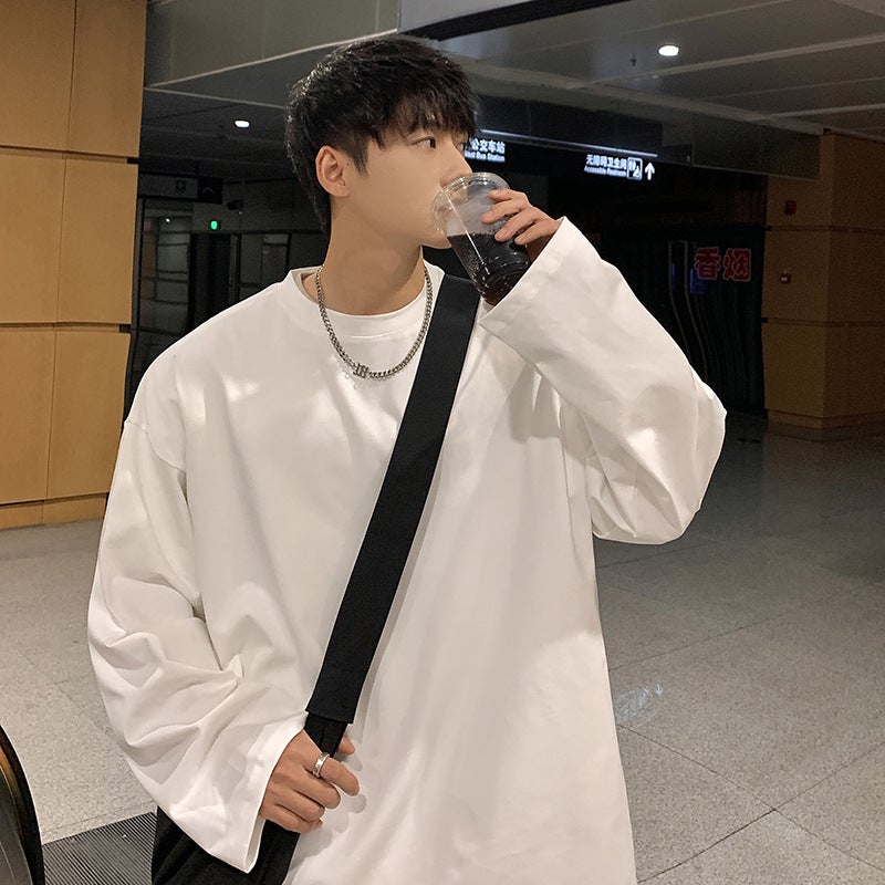 Solid Color T-shirt Mens Four Seasons Thin Trendy Brand Youth Loose Long-sleeved Sweatshirt Spring and Autumn Heavy Inner Top for Boys White
