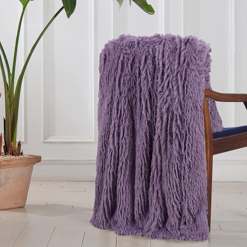 Tuddrom Decorative Extra Soft Faux Fur Blanket Queen Size 80""x90"" Solid Reversible Fuzzy Long Hair Shaggy Blanket Fluffy Plush Fleece Comfy Microfiber Fur Blanket for Couch Sofa Bed Patrican Purple - Image 5