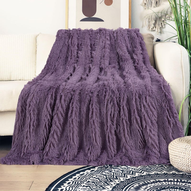 Tuddrom Decorative Extra Soft Faux Fur Blanket Queen Size 80""x90"" Solid Reversible Fuzzy Long Hair Shaggy Blanket Fluffy Plush Fleece Comfy Microfiber Fur Blanket for Couch Sofa Bed Patrican Purple - Image 2