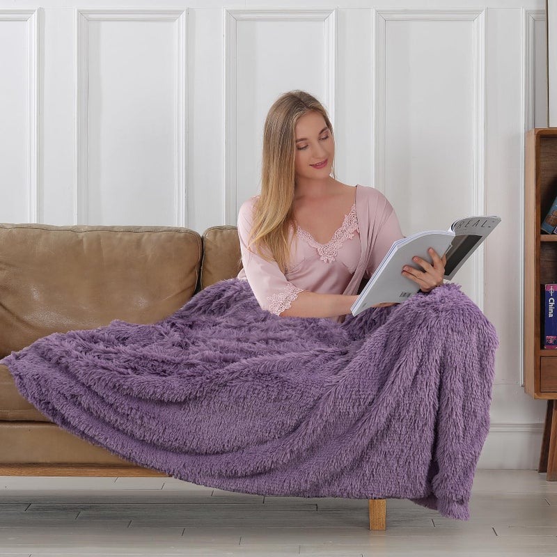 Tuddrom Decorative Extra Soft Faux Fur Blanket Queen Size 80""x90"" Solid Reversible Fuzzy Long Hair Shaggy Blanket Fluffy Plush Fleece Comfy Microfiber Fur Blanket for Couch Sofa Bed Patrican Purple - Image 3
