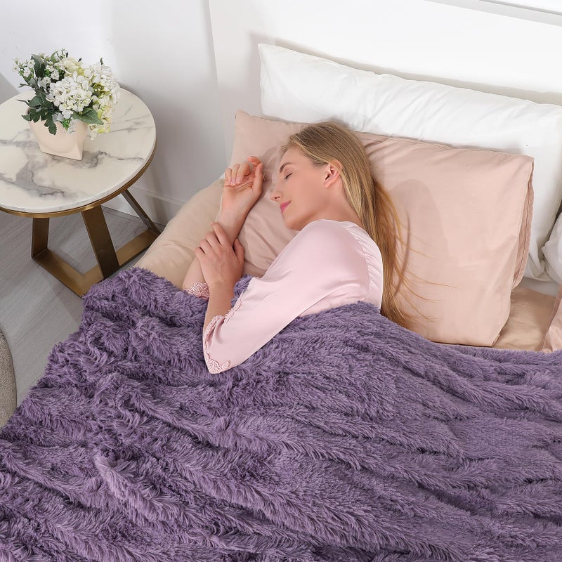 Tuddrom Decorative Extra Soft Faux Fur Blanket Queen Size 80""x90"" Solid Reversible Fuzzy Long Hair Shaggy Blanket Fluffy Plush Fleece Comfy Microfiber Fur Blanket for Couch Sofa Bed Patrican Purple - Image 4