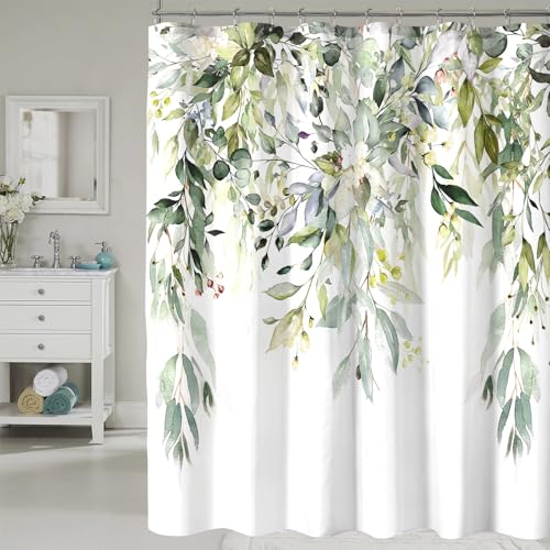 COSEVIER Sage Green Eucalyptus Shower Curtain,Leaves Plants Spring Floral Botanical Leaf Nature Watercolor Fabric Bathroom Decor Set with Hooks 72x72 Inch - Image 1