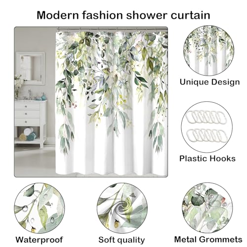 COSEVIER Sage Green Eucalyptus Shower Curtain,Leaves Plants Spring Floral Botanical Leaf Nature Watercolor Fabric Bathroom Decor Set with Hooks 72x72 Inch - Image 3