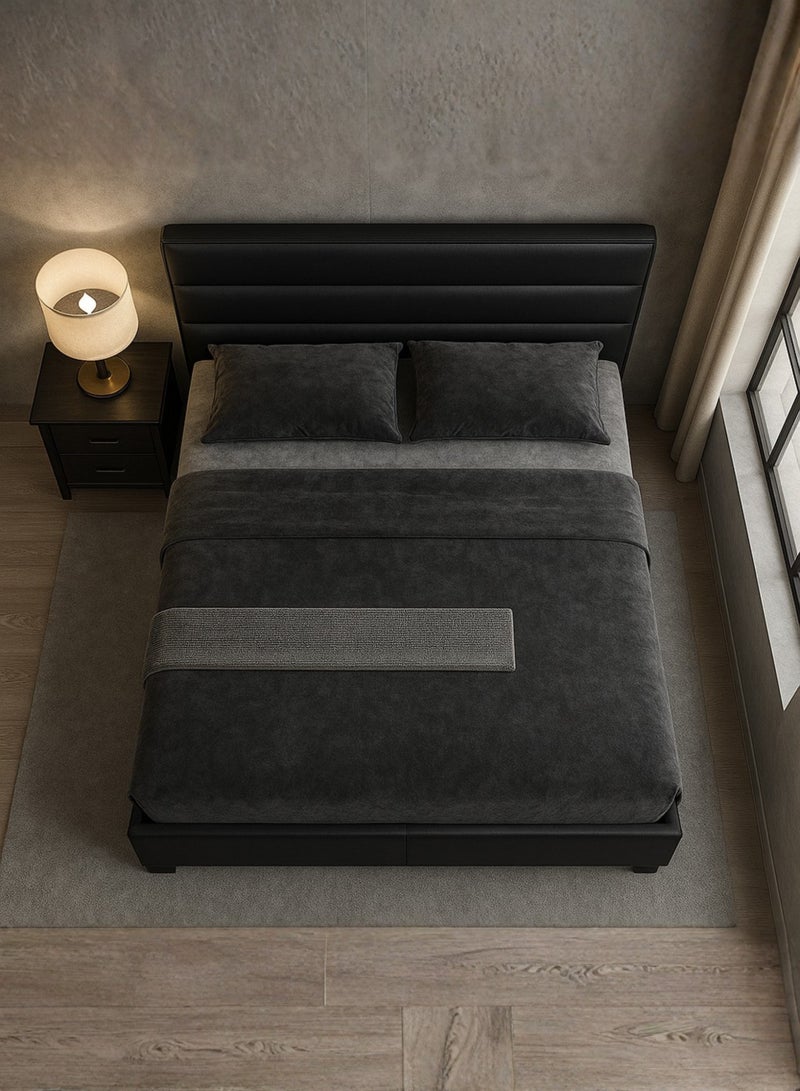 KustomDeco Austin Modern Faux Leather Upholstered Bed Frame with Horizontal Padded Headboard | Customizable Design Bed Sturdy Wooden Slats Luxury Queen Size Bed 150x200cm (Black) - Image 2