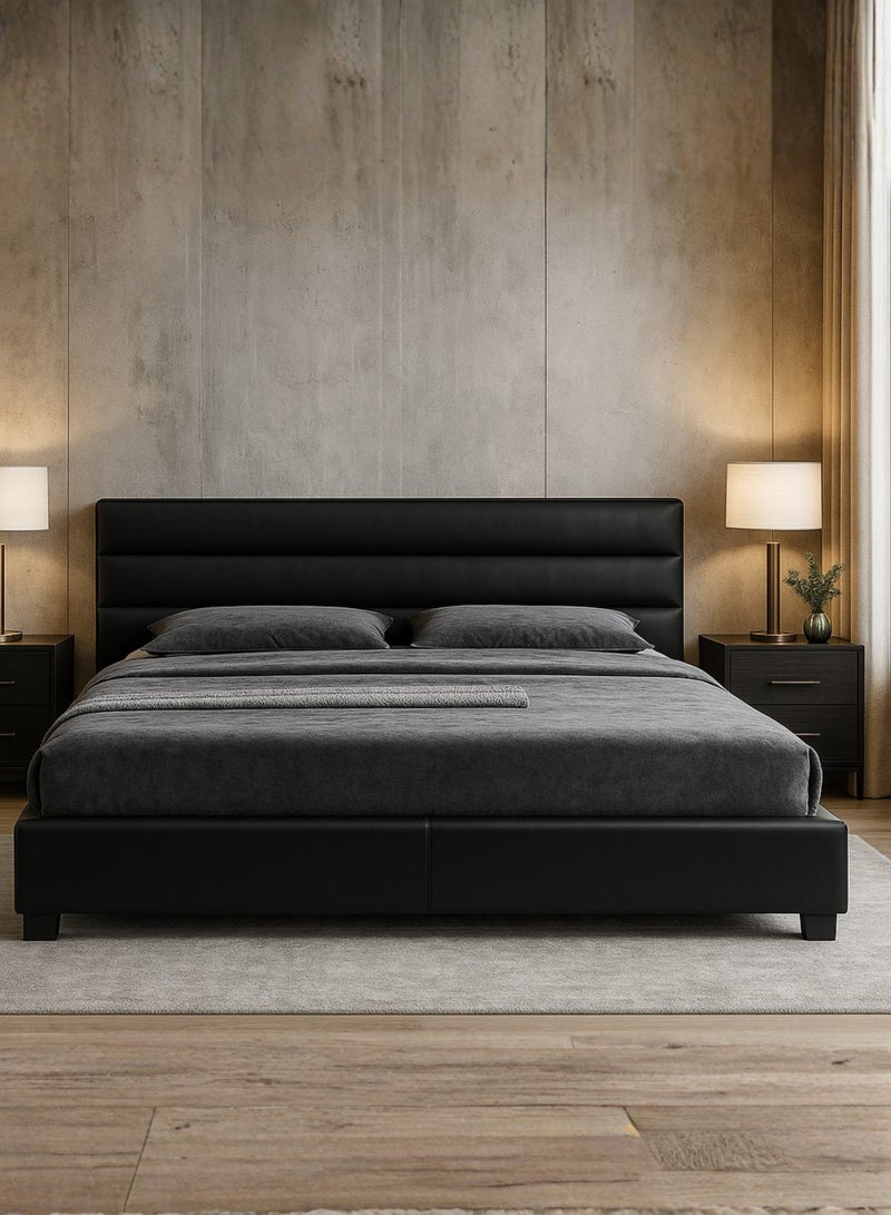 KustomDeco Austin Modern Faux Leather Upholstered Bed Frame with Horizontal Padded Headboard | Customizable Design Bed Sturdy Wooden Slats Luxury Queen Size Bed 150x200cm (Black) - Image 4