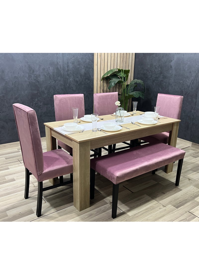 6-seat dining table - MDF table with 4 chairs and a bench with luxurious velvet upholstery, available in different colors