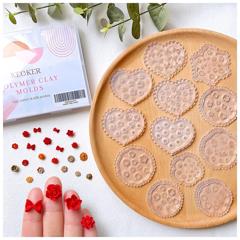 KEOKER Flower Polymer Clay Molds  12 Pcs Rose and Leaves Molds for Polymer Clay Jewelry Making Daisy Miniature Clay Molds