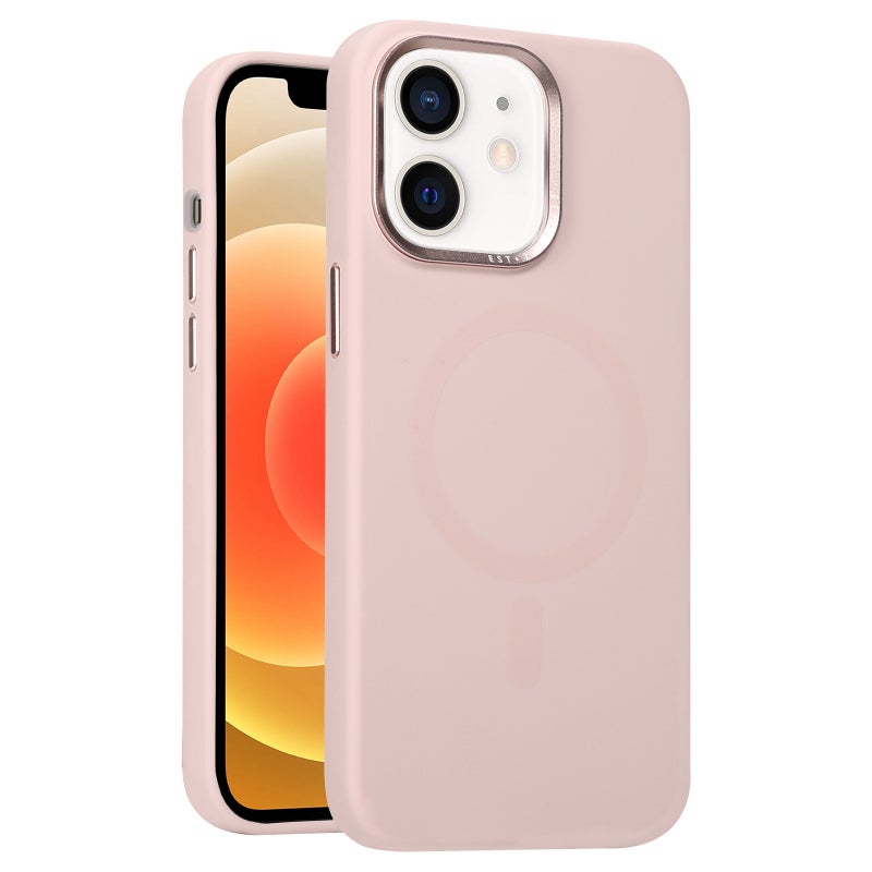 HuHa Protective Cover For iPhone 12 Metal Lens Frame Liquid Silicone MagSafe Phone Case(Pink) - Image 1