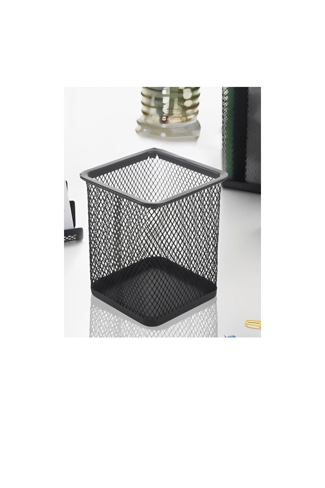 حامل أقلام معدني مربع الشكل من الحديد بشبكة معدنية – منظم مكتبي أنيق ودائم – باللون الأسود - Image 2