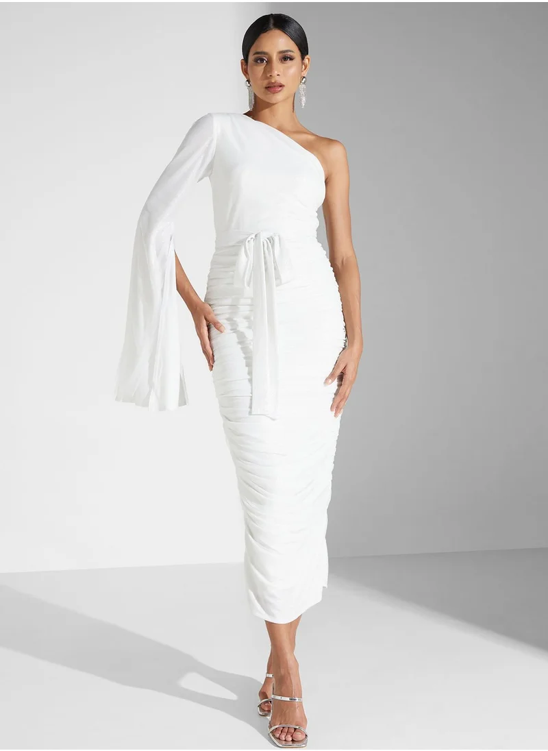 Namshi x Slit Sleeve Ruched Bodycon Dress