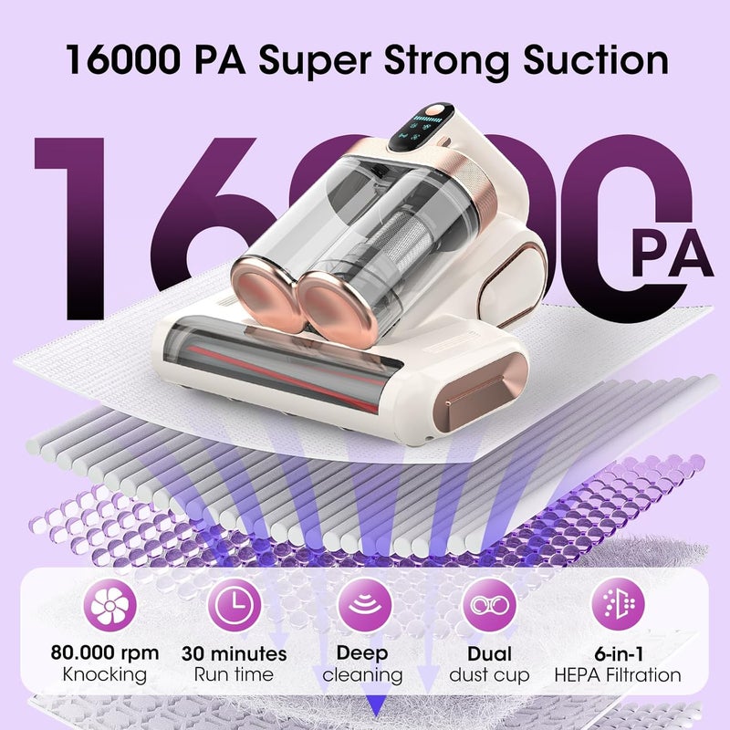 XIAOLANG Mattress Vacuum Cleaner Cordless 16Kpa Bed Handheld Vacuum, Vacuum Cleaner with 253.7nm UV-C Light,HEPA Filter & Ultrasonic, Portable Vacuums for Bed Sofa Couch Crib Gifts for women men her white - Image 4
