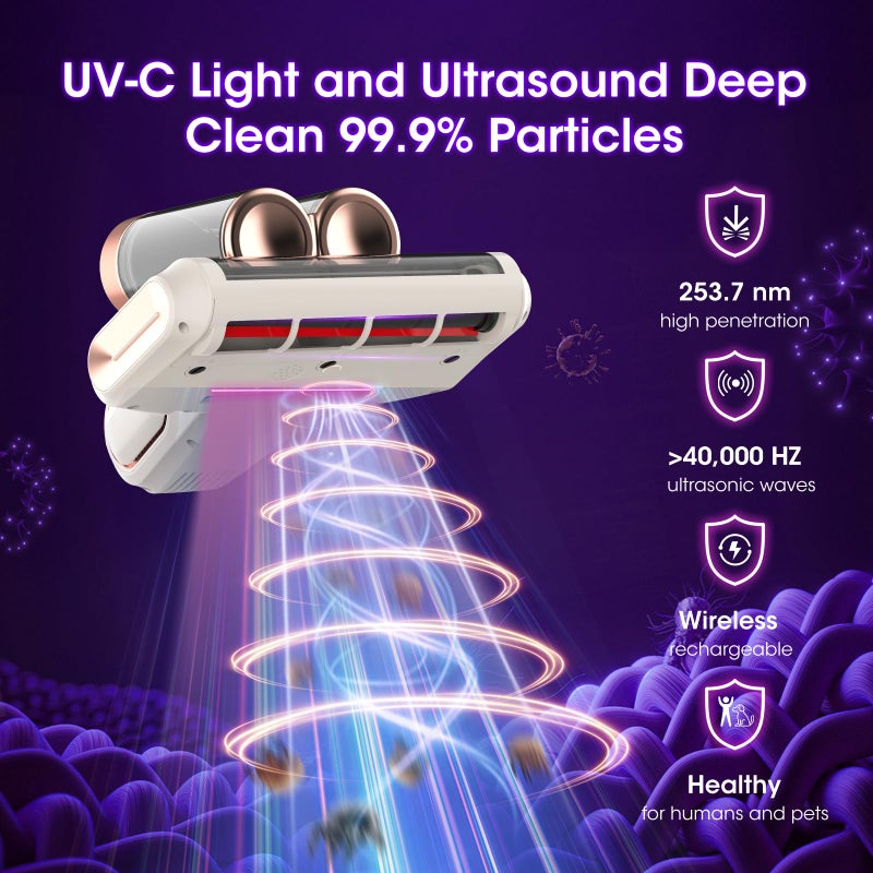 XIAOLANG Mattress Vacuum Cleaner Cordless 16Kpa Bed Handheld Vacuum, Vacuum Cleaner with 253.7nm UV-C Light,HEPA Filter & Ultrasonic, Portable Vacuums for Bed Sofa Couch Crib Gifts for women men her white - Image 3