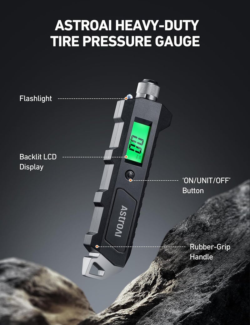 أسترواي مقياس ضغط الإطارات الرقمي من ، 230 PSI، 4 إعدادات للخدمة الشاقة للسيارات والدراجات مع شاشة LCD مضيئة أكبر ومصباح يدوي وغير قابل للانزلاق، أسود - Image 2