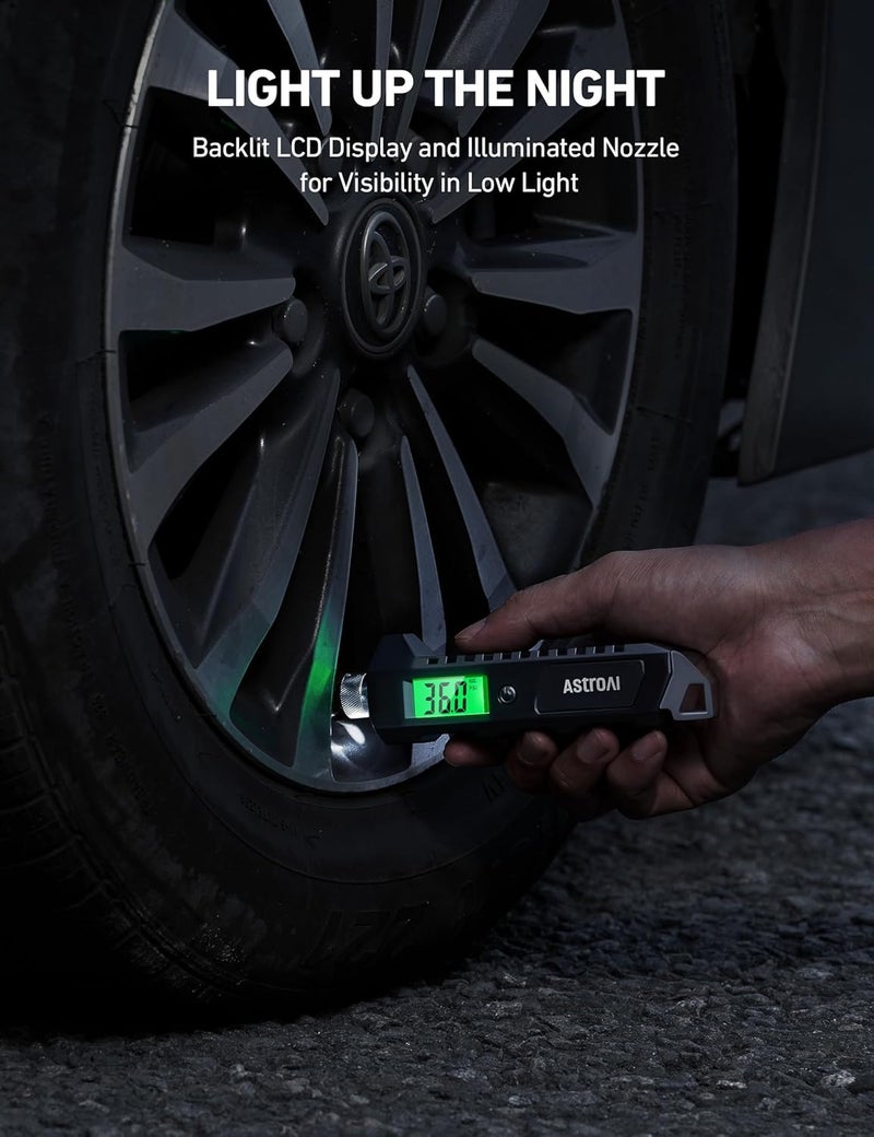 أسترواي مقياس ضغط الإطارات الرقمي من ، 230 PSI، 4 إعدادات للخدمة الشاقة للسيارات والدراجات مع شاشة LCD مضيئة أكبر ومصباح يدوي وغير قابل للانزلاق، أسود - Image 5