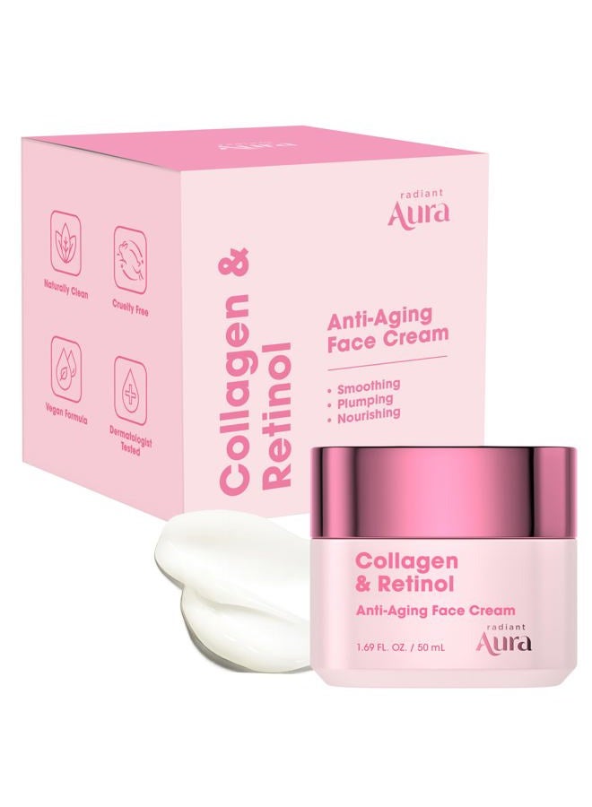 Radiant Aura Collagen & Retinol Face Cream – Dermatologist Tested, Anti Aging, Korean Skin Care – Firming, Anti Wrinkle, Hydrating Moisturizer, Pore Care – Vegan, Clean Beauty – 1.69 Fl Oz - Image 1