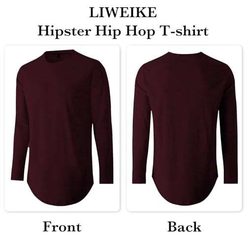 LIWEIKE Mens Solid Extended Hipster Hip Hop Swag Curve Hem Long Sleeve T Shirt (Wine Red, Medium) - Image 2