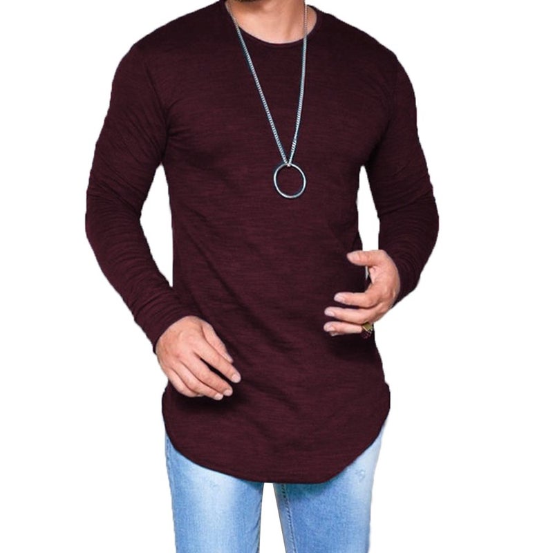 LIWEIKE Mens Solid Extended Hipster Hip Hop Swag Curve Hem Long Sleeve T Shirt (Wine Red, Medium) - Image 5