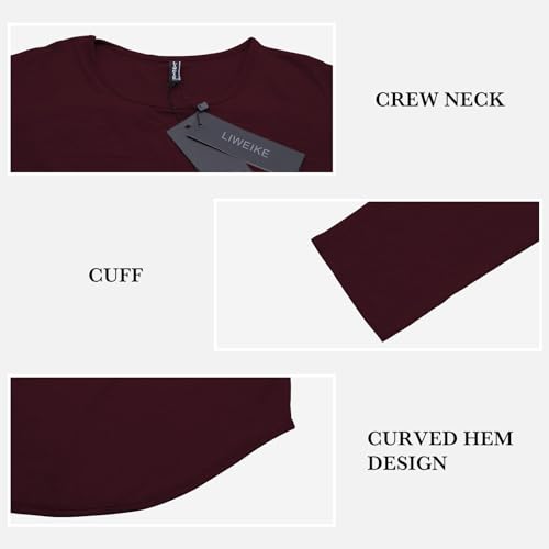 LIWEIKE Mens Solid Extended Hipster Hip Hop Swag Curve Hem Long Sleeve T Shirt (Wine Red, Medium) - Image 3
