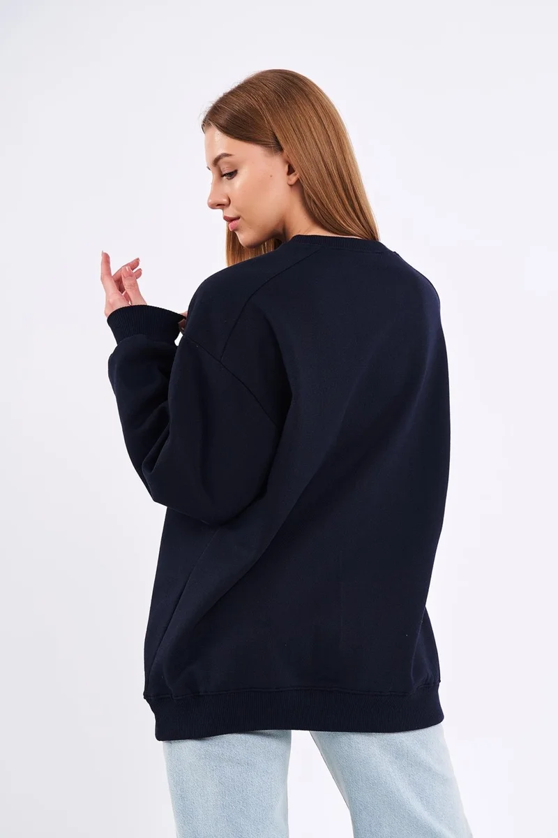 mmetalic Navy Blue Women's Cotton Oversize Basic Crew Neck Sweatshirt