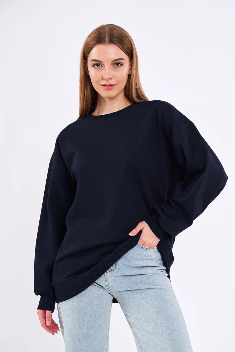 mmetalic Navy Blue Women's Cotton Oversize Basic Crew Neck Sweatshirt