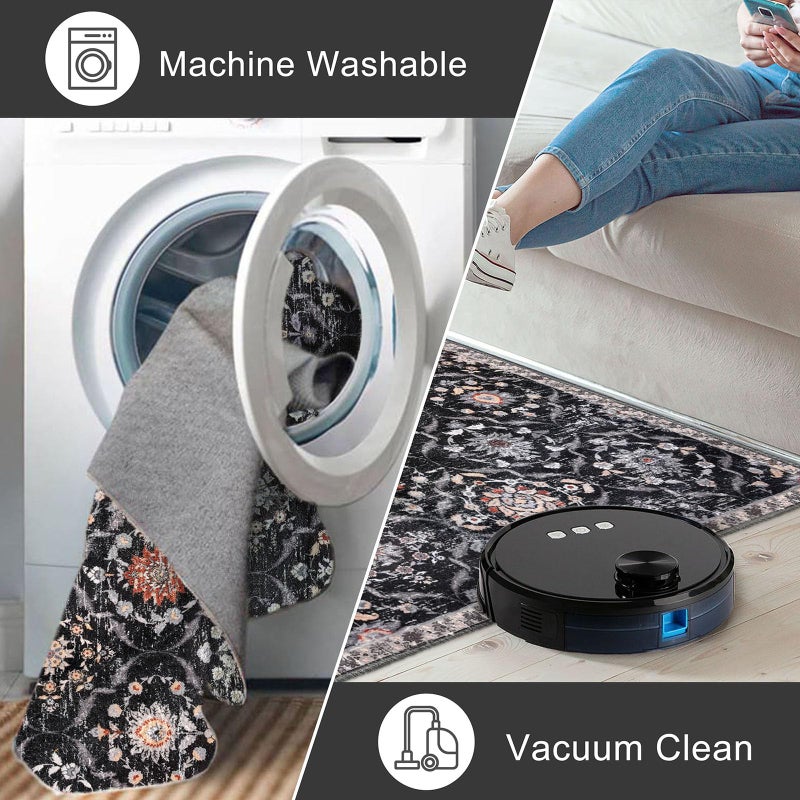 KILOCOCO 2x3 Small Area Rug  Moroccan Entryway Rugs Indoor Vintage Washable Rug Non-Slip Indoor Door Mat  Accent Print Faux Wool Throw Rug for Laundry Kitchen Bedroom Entrance  Charcoal/Multi - Image 4