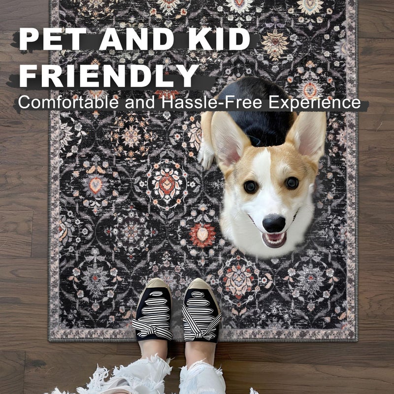 KILOCOCO 2x3 Small Area Rug  Moroccan Entryway Rugs Indoor Vintage Washable Rug Non-Slip Indoor Door Mat  Accent Print Faux Wool Throw Rug for Laundry Kitchen Bedroom Entrance  Charcoal/Multi - Image 1