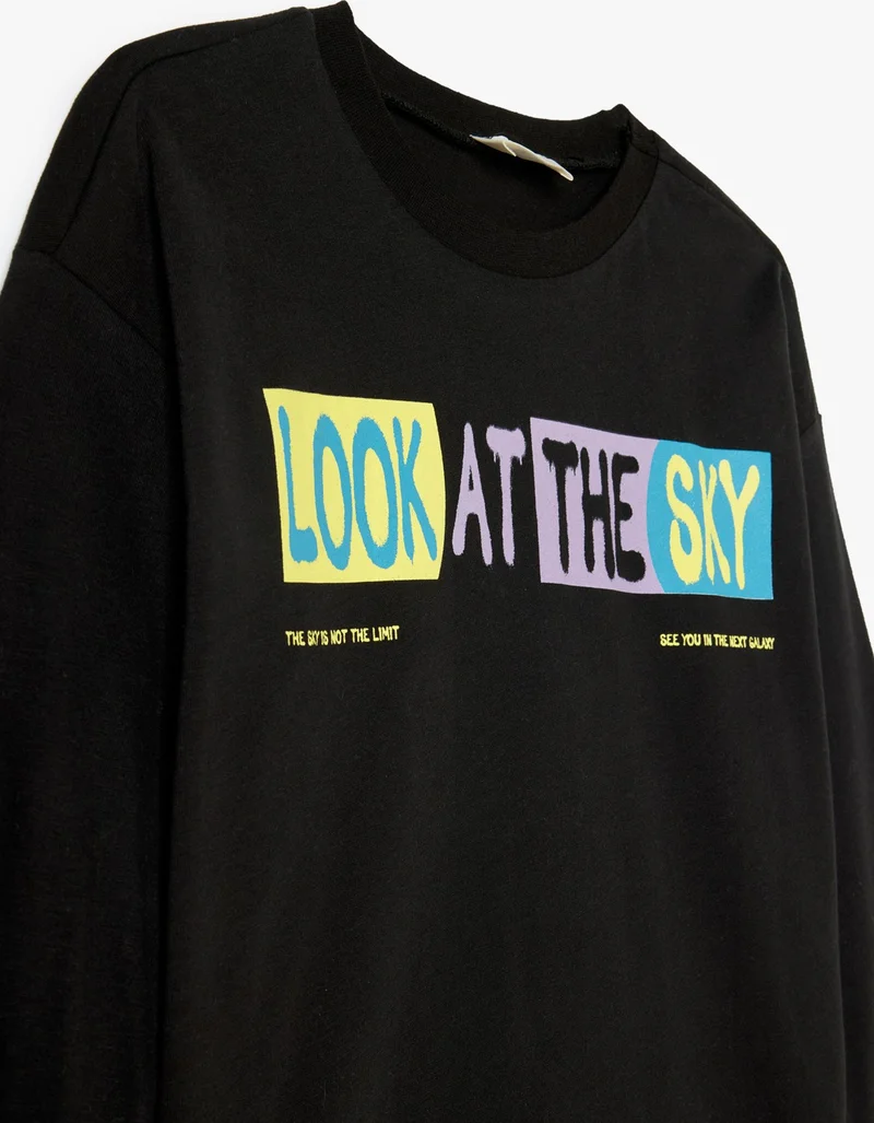KOTON Cotton T-Shirt Slogan Printed Long Sleeve Crew Neck Cotton