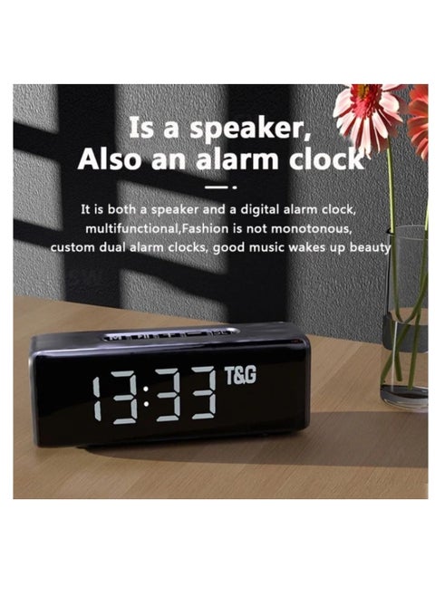 مكبر صوت بلوتوث TG174 TWS بمرآة مع منبه، عرض الوقت ودرجة الحرارة، دعم بطاقة Micro SD، FM، MP3 - أسود