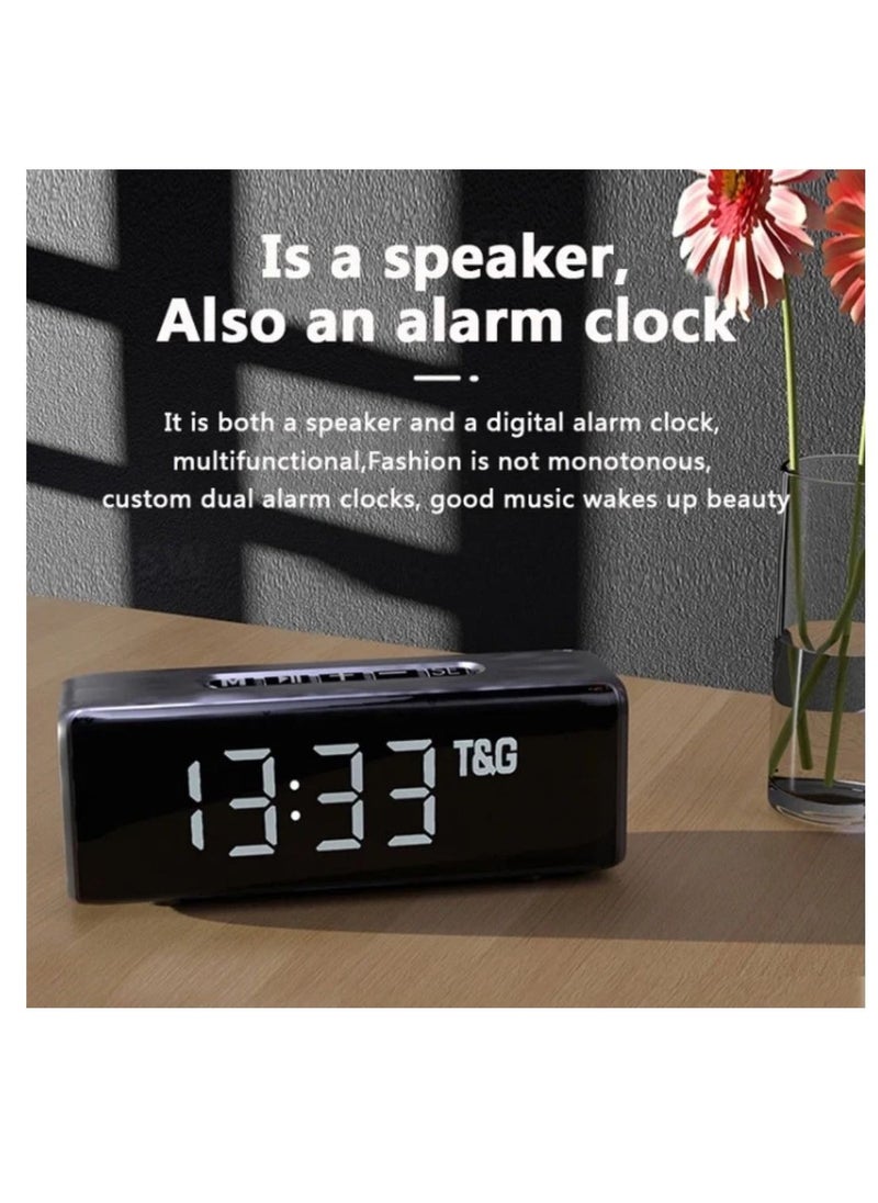 T&G - TG174 TWS Mirror Bluetooth Speaker with Alarm Clock, Time & Temperature Display, Micro SD, FM, MP3 - Black - Image 1