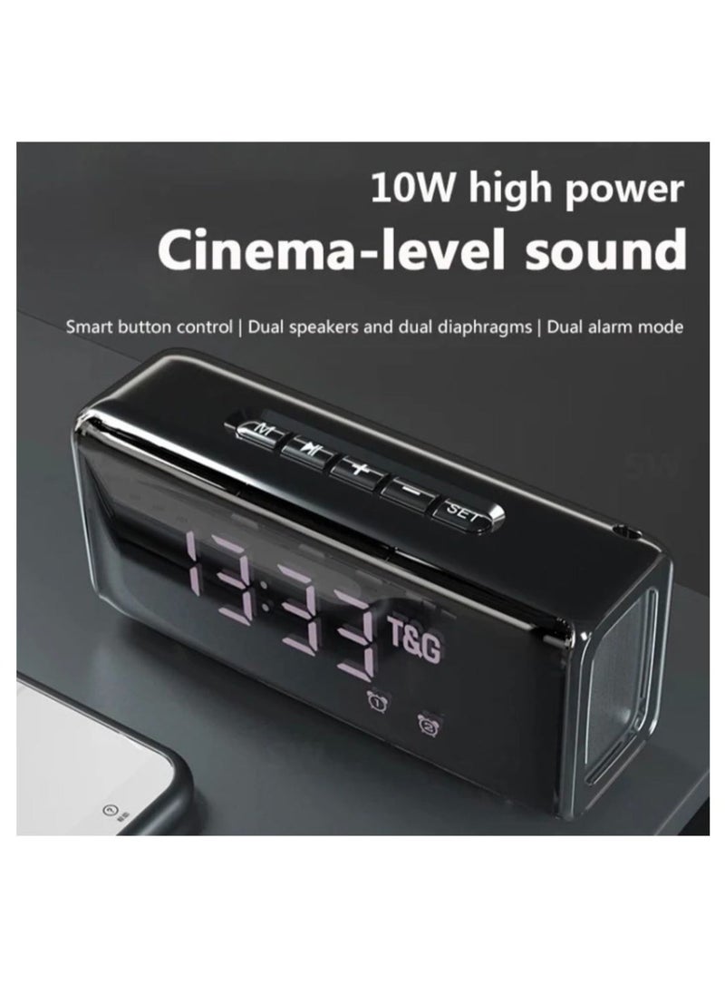 T&G - TG174 TWS Mirror Bluetooth Speaker with Alarm Clock, Time & Temperature Display, Micro SD, FM, MP3 - Black - Image 1