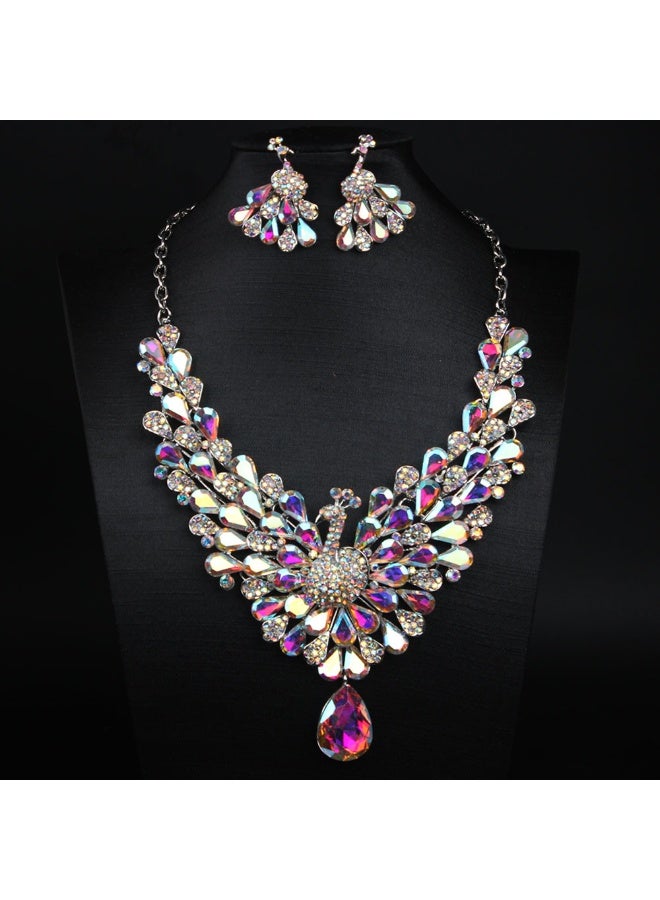 NIBEMINENT New 7-Color Full Rhinestone Ultra-Glitter Peacock Necklace and Earring Set