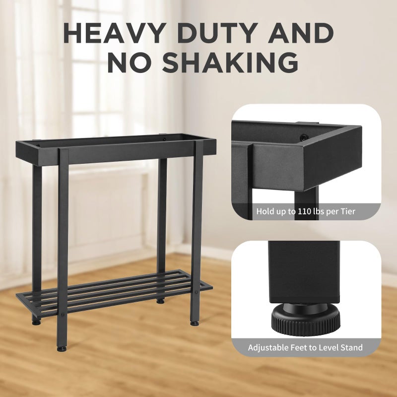 Honla 2 Tier Window Tall Plant Stand Shelf with Tray,Metal Plant Table Bench for Indoor and Outdoor Multiple Plants,26" L x 8.66" W x 24.40" H,Black - Image 3