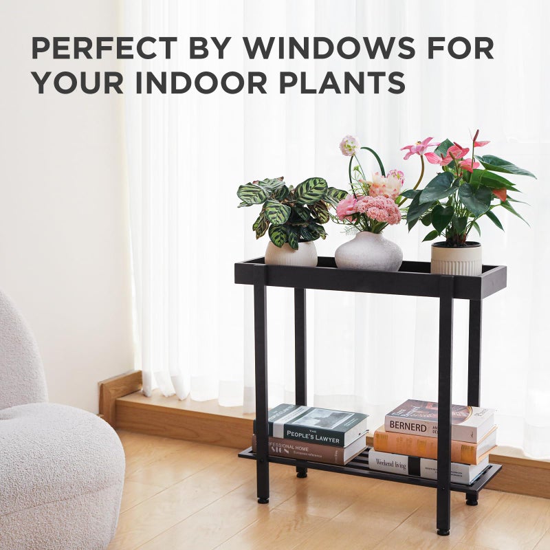 Honla 2 Tier Window Tall Plant Stand Shelf with Tray,Metal Plant Table Bench for Indoor and Outdoor Multiple Plants,26" L x 8.66" W x 24.40" H,Black - Image 4
