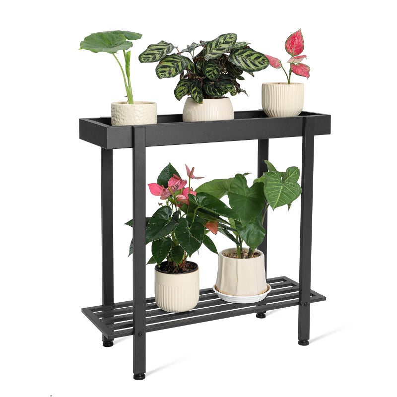 Honla 2 Tier Window Tall Plant Stand Shelf with Tray,Metal Plant Table Bench for Indoor and Outdoor Multiple Plants,26" L x 8.66" W x 24.40" H,Black - Image 1