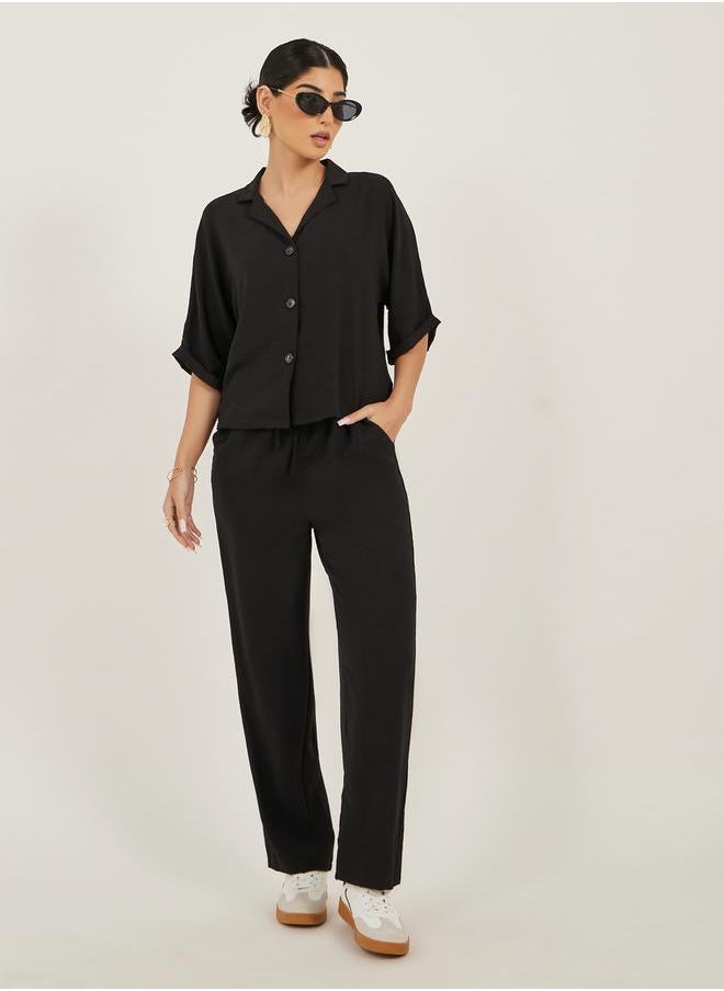 Styli Women Black Solid Boxy Button Down Shirt and Straight Fit Pants Co-Ords  - Image 1