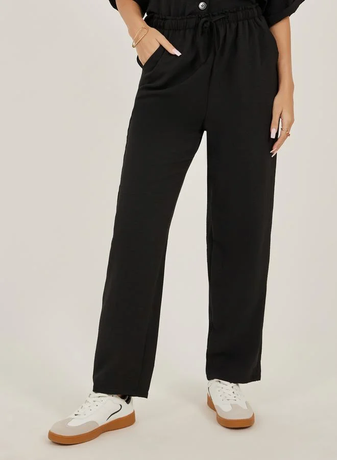 Styli Women Black Solid Boxy Button Down Shirt and Straight Fit Pants Co-Ords