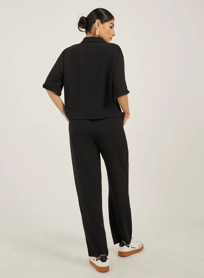 Styli Women Black Solid Boxy Button Down Shirt and Straight Fit Pants Co-Ords