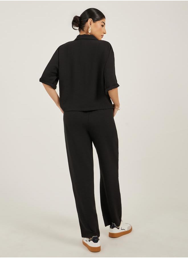 Styli Women Black Solid Boxy Button Down Shirt and Straight Fit Pants Co-Ords  - Image 5