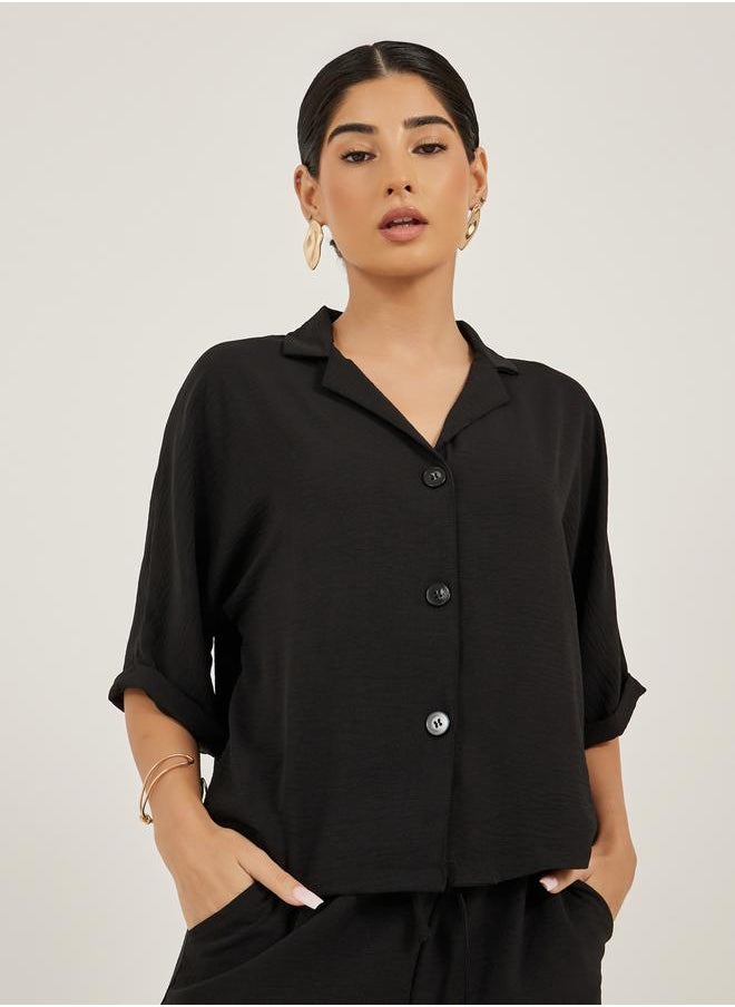 Styli Women Black Solid Boxy Button Down Shirt and Straight Fit Pants Co-Ords  - Image 2