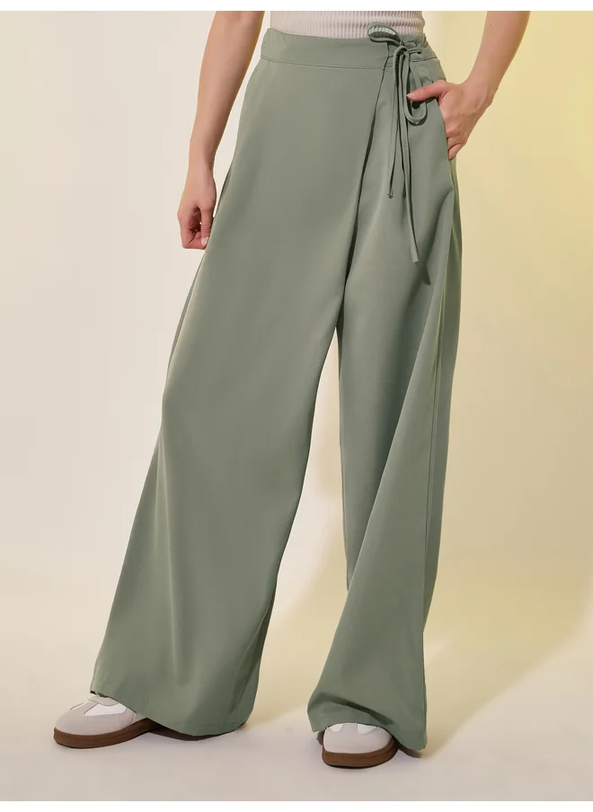 تايك تو Take Two Solid Flat Front Loose Fit Pants with Tie-Up Detail