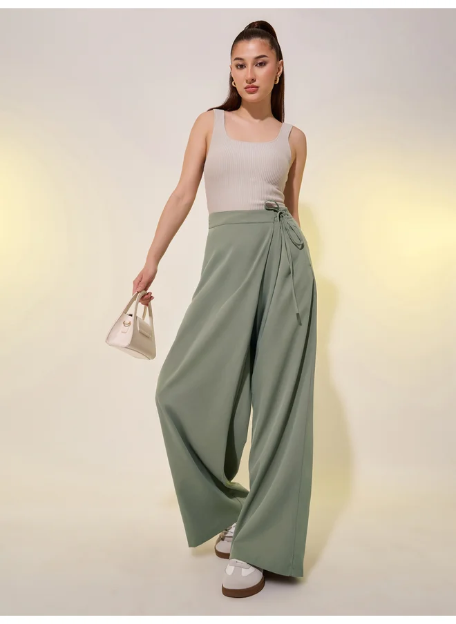 تايك تو Take Two Solid Flat Front Loose Fit Pants with Tie-Up Detail