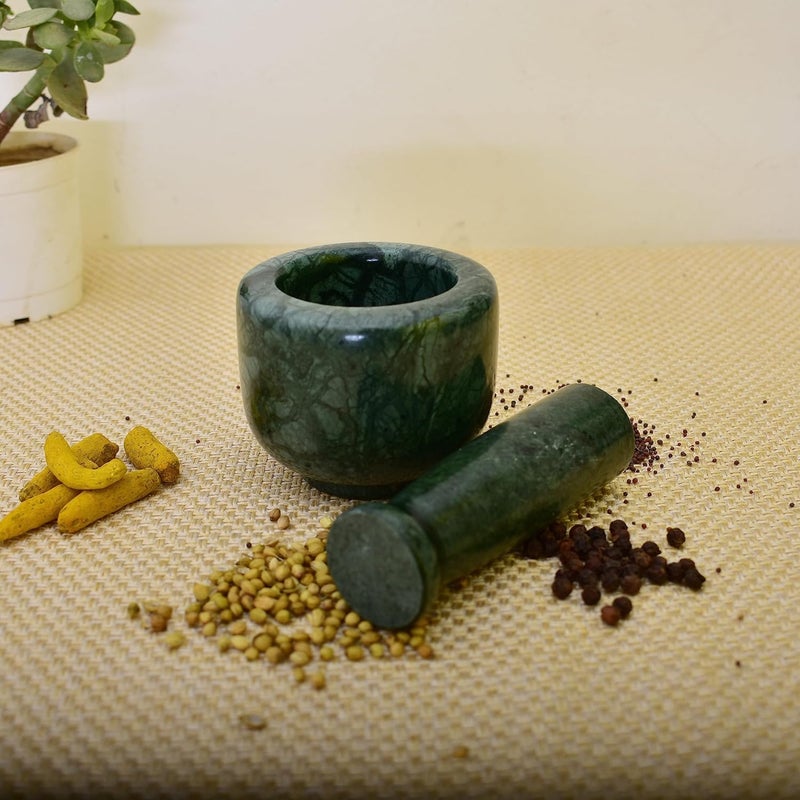 KunhaR Natural Green Marble Mortar and Pestle Set Imam Dasta Ohkli Musal Kharal 3 x 25 Inches Green Full Polish - Image 1