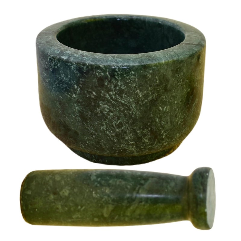 KunhaR Natural Green Marble Mortar and Pestle Set Imam Dasta Ohkli Musal Kharal 3 x 25 Inches Green Full Polish - Image 4