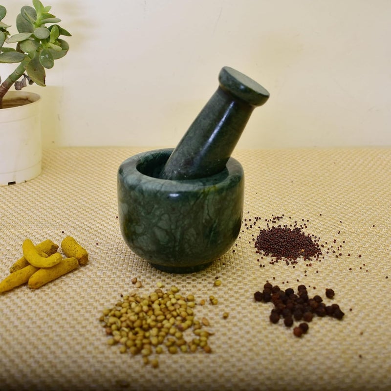 KunhaR Natural Green Marble Mortar and Pestle Set Imam Dasta Ohkli Musal Kharal 3 x 25 Inches Green Full Polish - Image 3