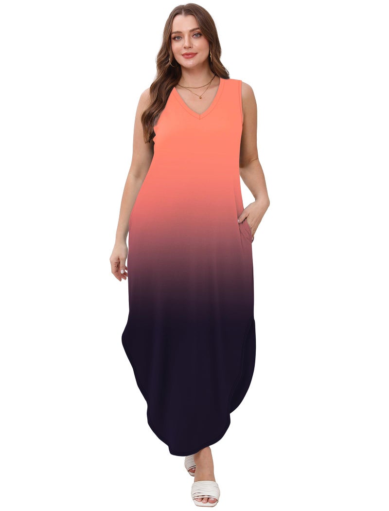 Sampeel Maxi Dresses for Women 2025 Beach Vacation Fashion Long Maxi V Neck Dress with Pockets Flowy Hawaiian Sun Dresses Gradient XXL - Image 5