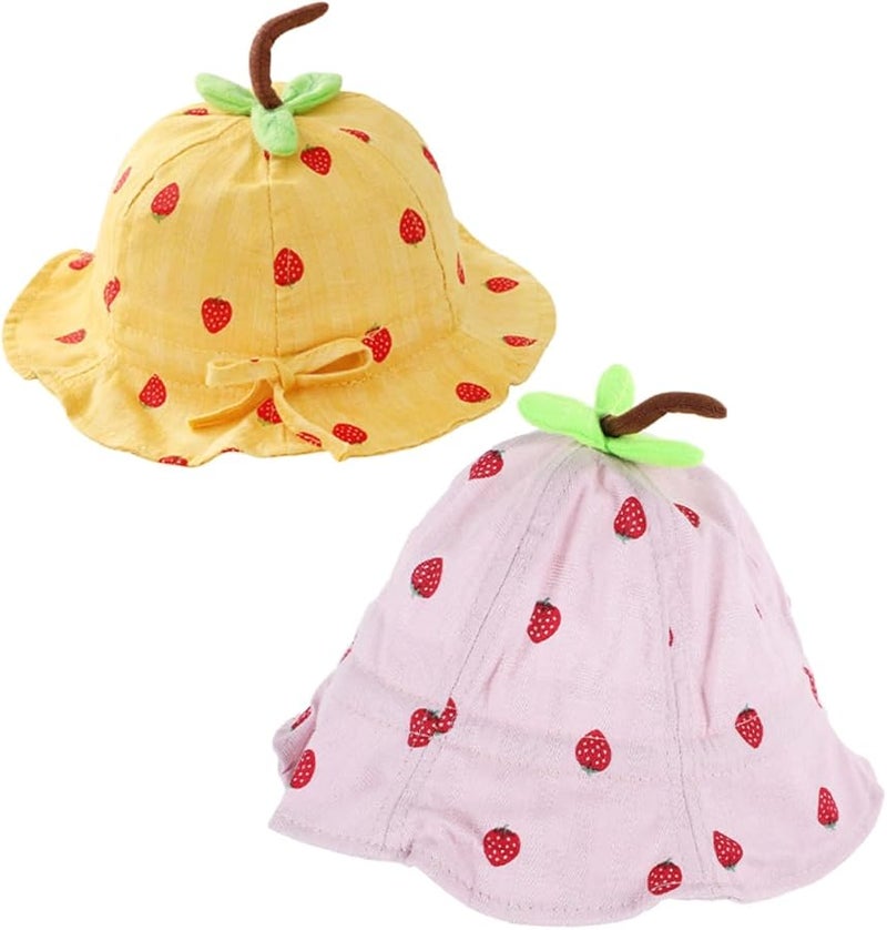 Baby Sun Hat 6 24 Months Pink Yellow Strawberry Leaf Design Wide Brim Polyester - Image 1