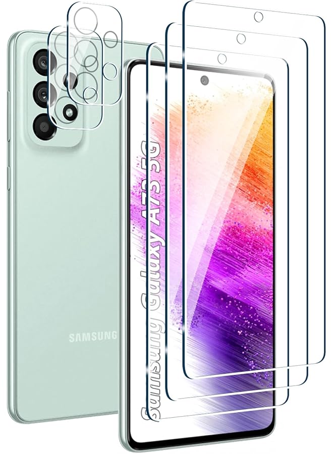 إيروريكس 3+2 عبوة من واقي الشاشة الزجاجي المقوى متوافق مع هاتف Samsung Galaxy A73 5G والكاميرا بدون فقاعات، صلابة 9H، واقي شاشة عالي الدقة مضاد للخدش لهاتف Samsung Galaxy A73 5G - Image 1